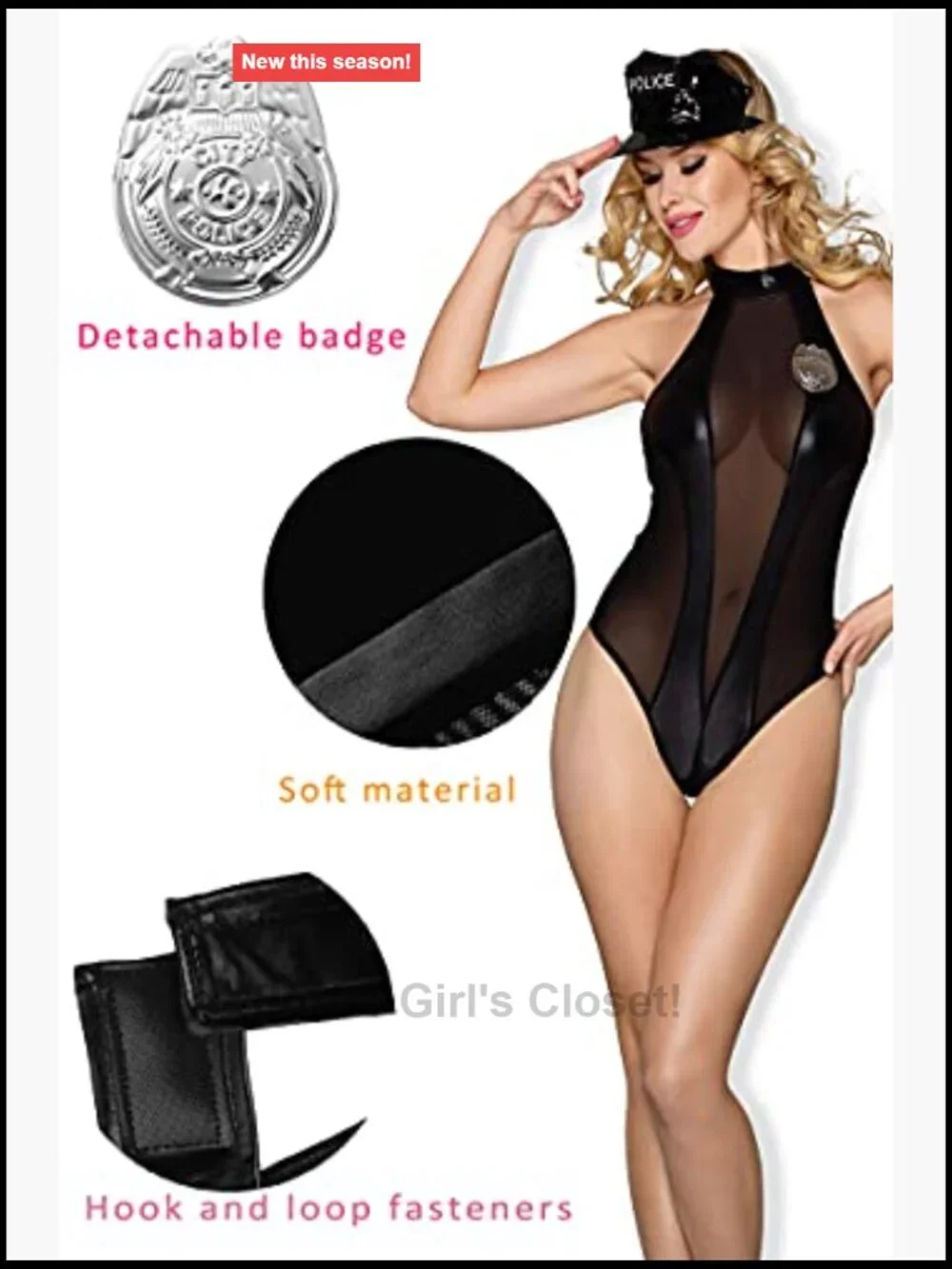 Sexy Police Officer Costume Lingerie Mesh Teddy Bodysuit with Badge Headpiece